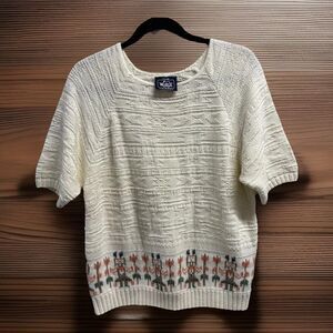 Vintage Sweater‎ Short Sleeve Medium Knit Floral Cotton Knit Cottagecore Summer